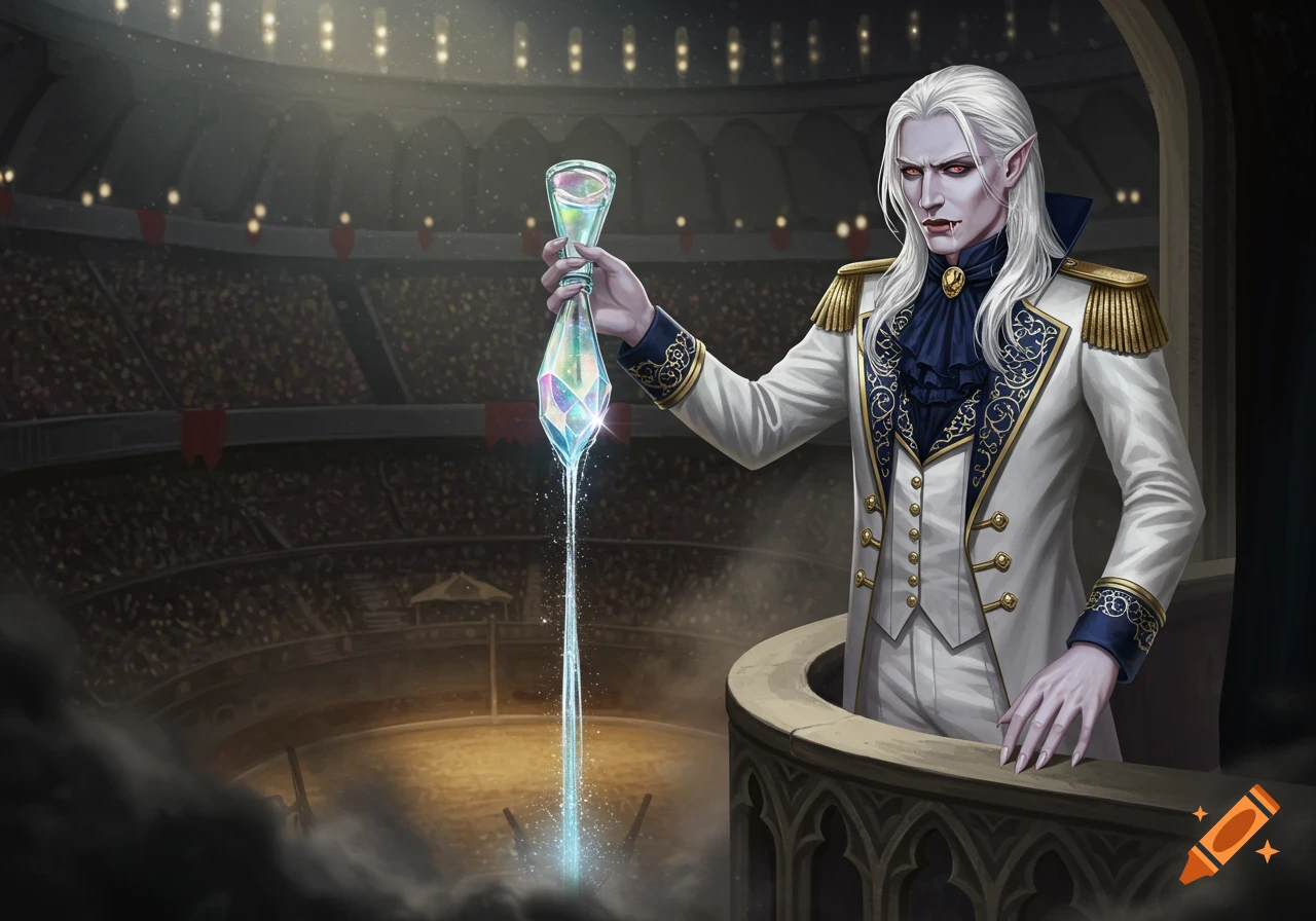 An elegant white-haired male vampire in a white, navy, and gold suit pours sparkling liquid from a crystal bottle from a VIP box overlooking an arena.