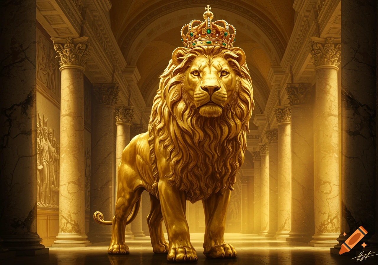 A majestic golden lion statue wearing an ornate crown stands in a grand, golden, columned hall.
