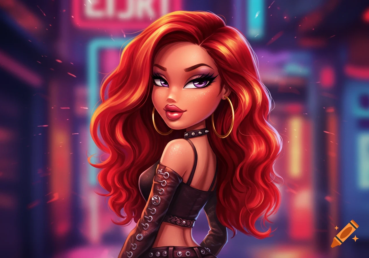 A digital illustration of a red-haired Bratz-style character with purple eyes looking over her shoulder against a neon city background.