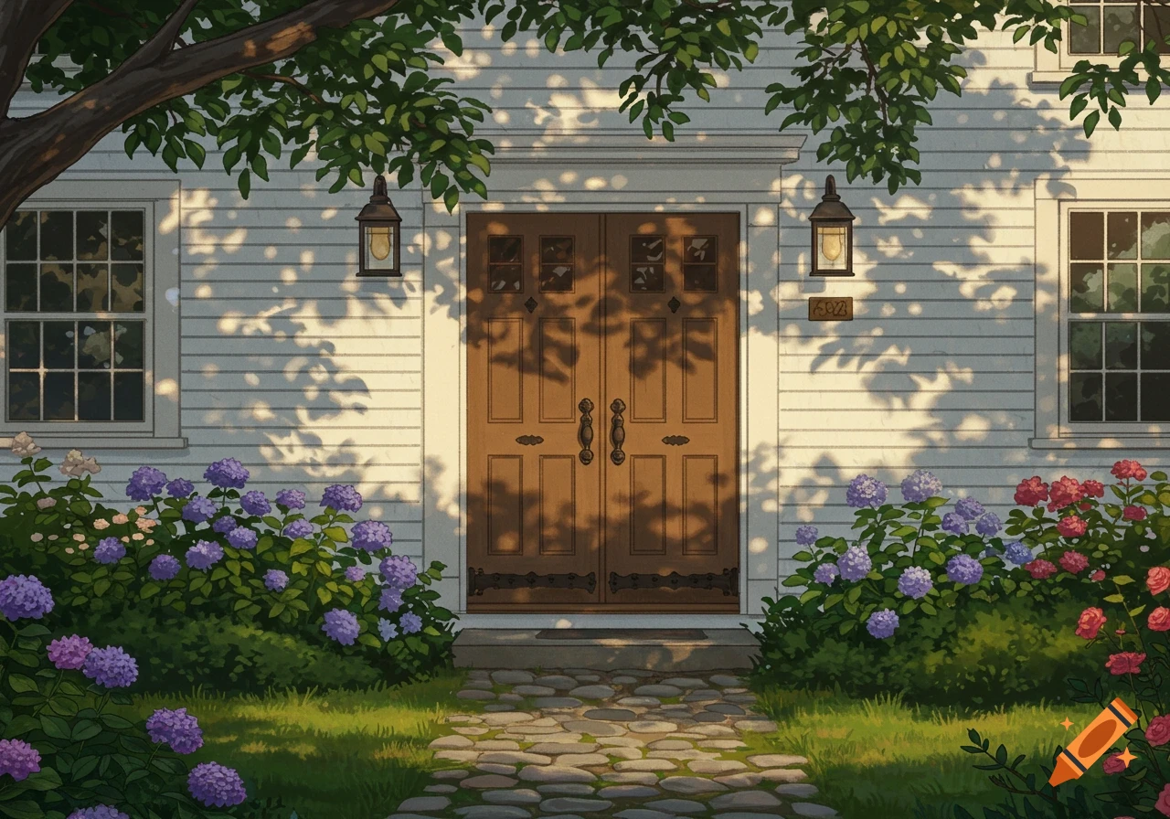 Front view of a white house with brown double doors, a stone path, and vibrant purple and pink flowers. Tree shadows fall on the house.