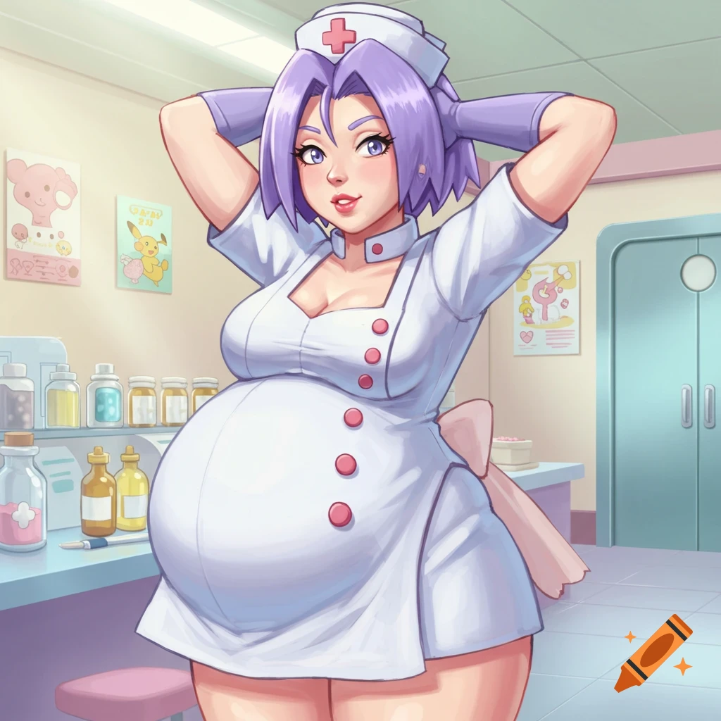 An animated rendition of James from Team Rocket as a pregnant nurse, wearing a white uniform and a nurse's hat, posing with her hands behind her head.