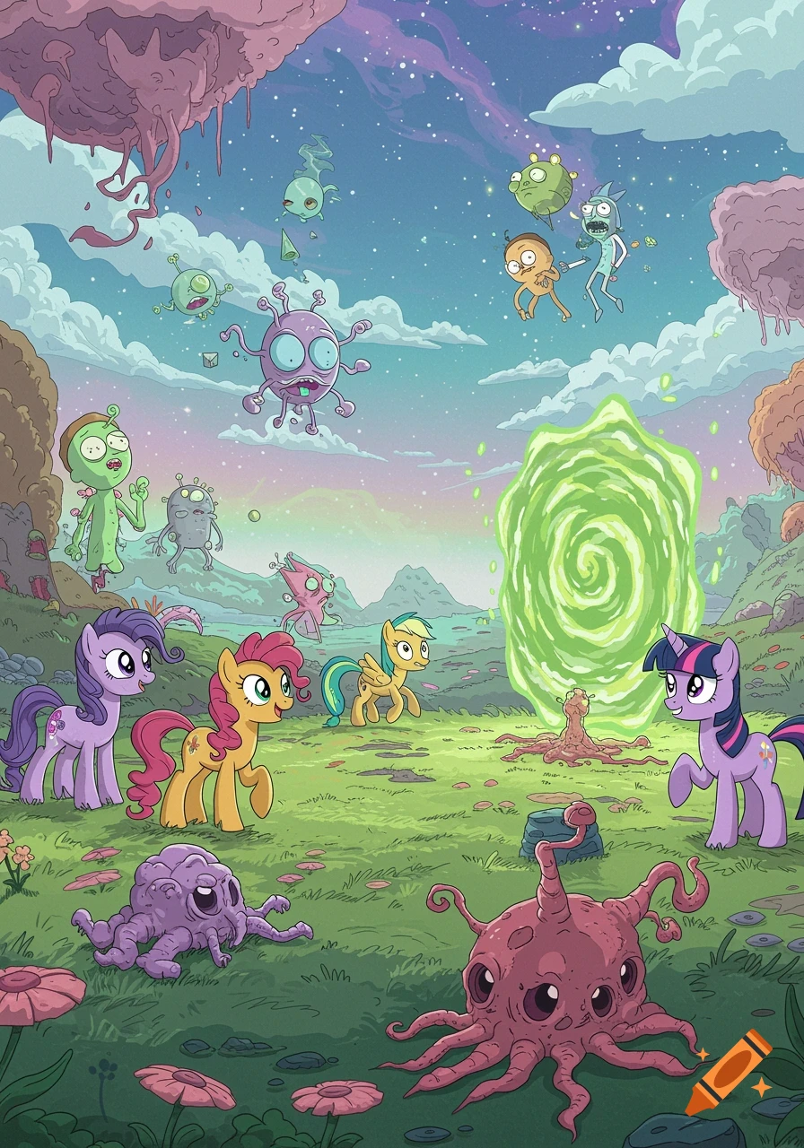 Cartoon crossover illustration of My Little Pony characters and Rick and Morty characters in an alien landscape with a green portal.