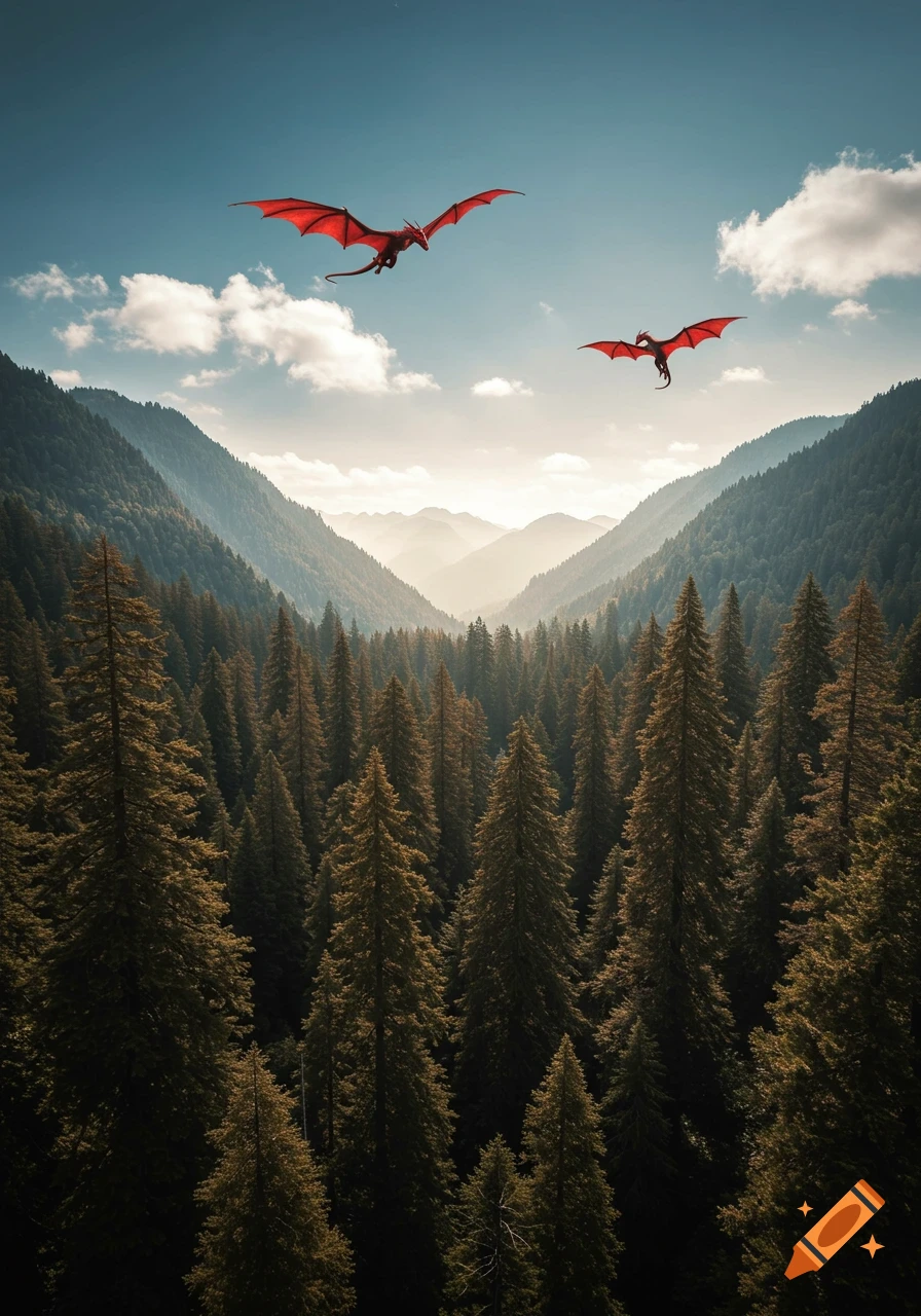 Two red dragons fly high above a dense pine forest in a vast mountain valley under a bright sky.