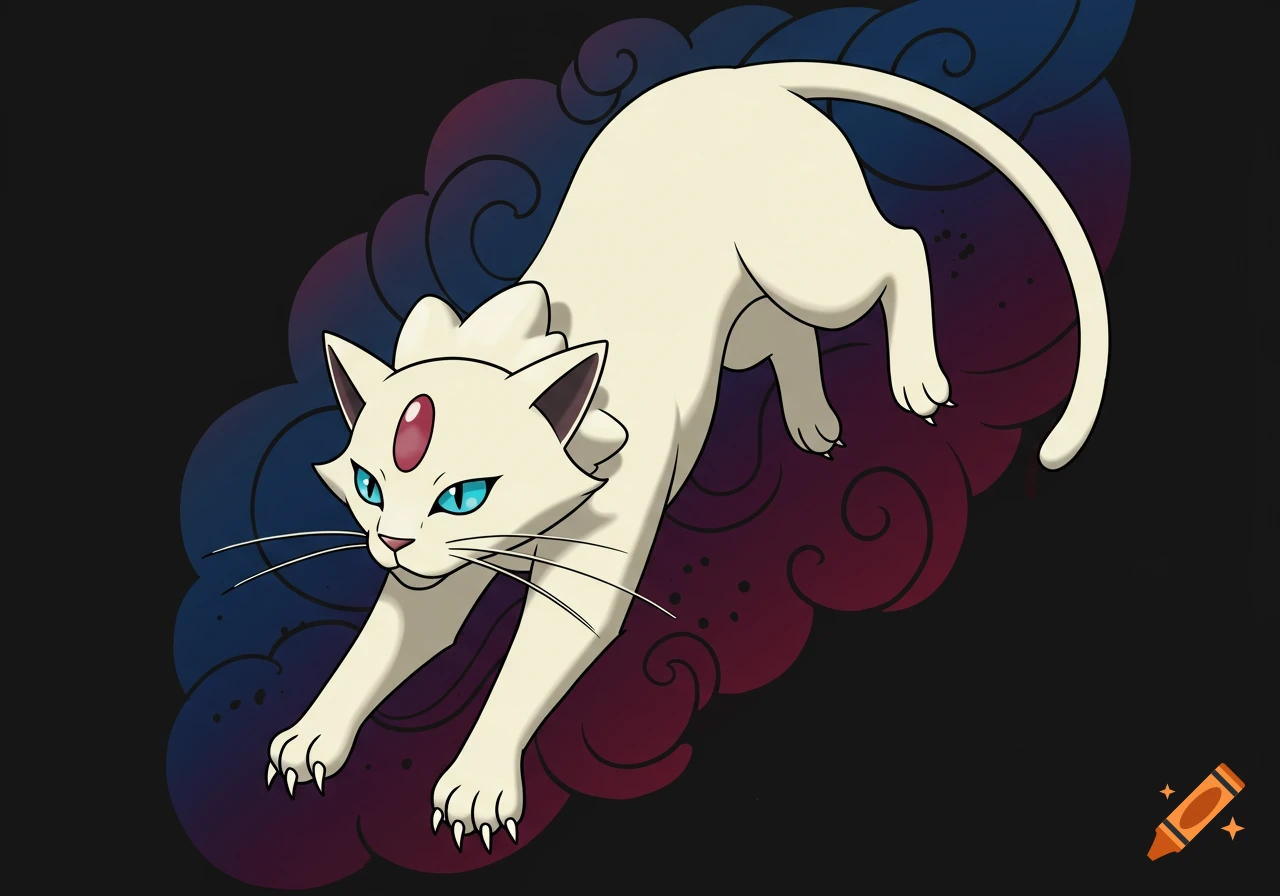 A cream-colored Pokemon Persian with blue eyes and a red forehead gem stretches forward against a dark background with swirling blue and purple clouds, in a cartoon style.