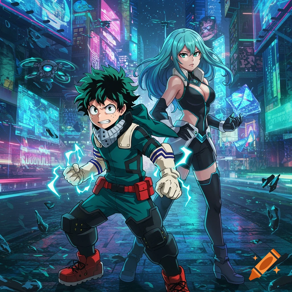 Anime illustration of Izuku Midoriya and Rebecca Bluegarden posing in a neon-lit cyberpunk city with drones.