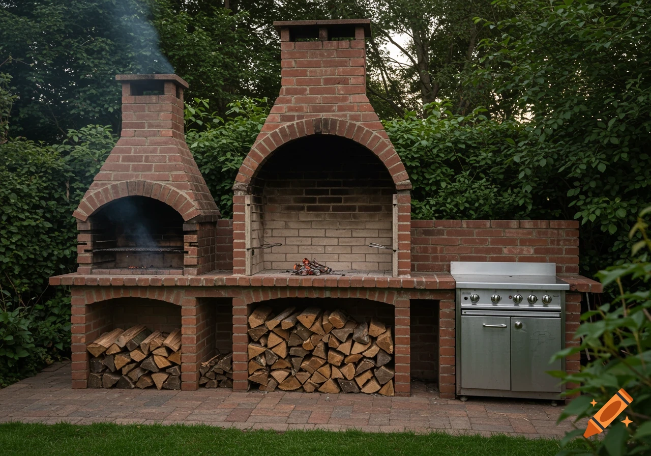 Photorealistic outdoor brick BBQ and stove setup with stacked firewood, surrounded by green trees and bushes.