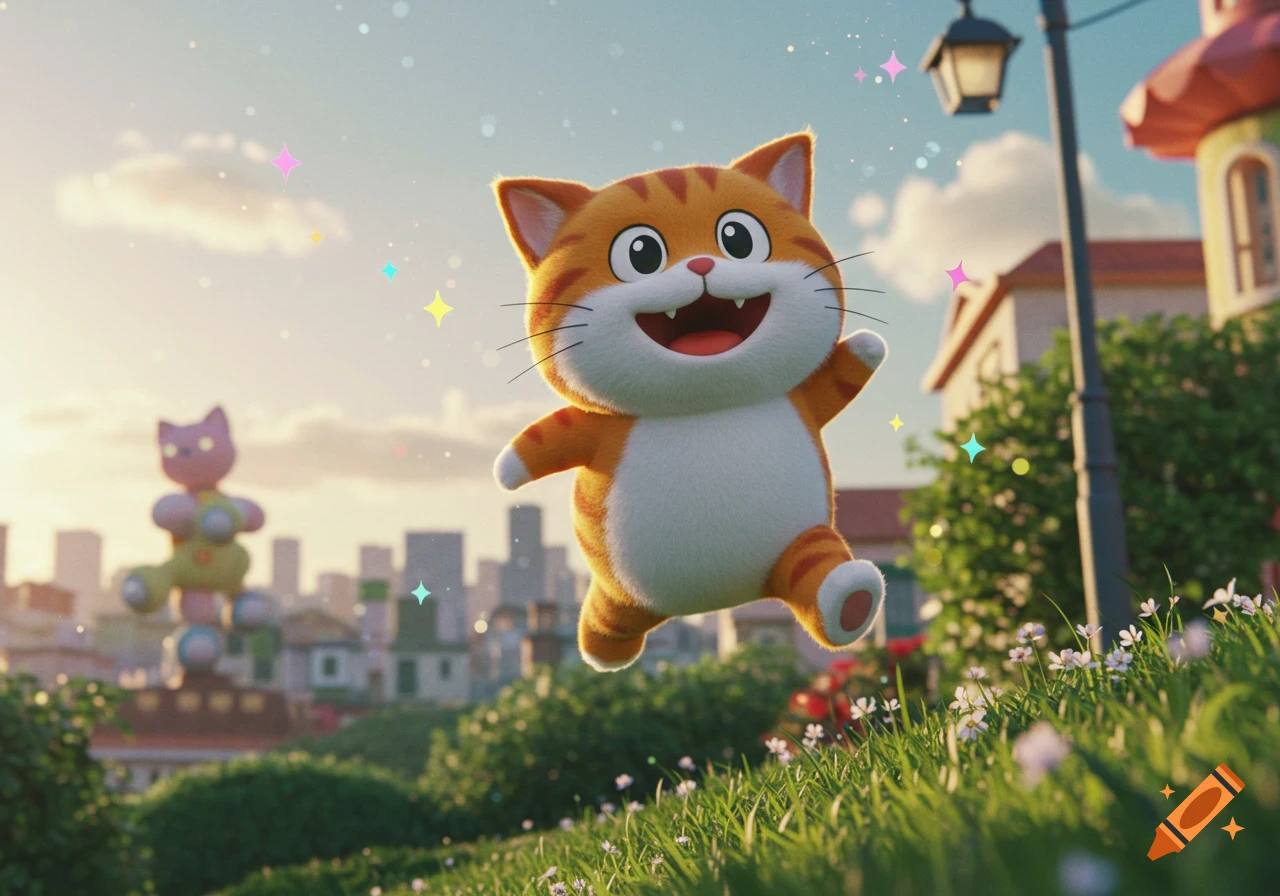 A happy orange and white cartoon cat jumps on a grassy hill with sparkling effects, a city skyline in the background.