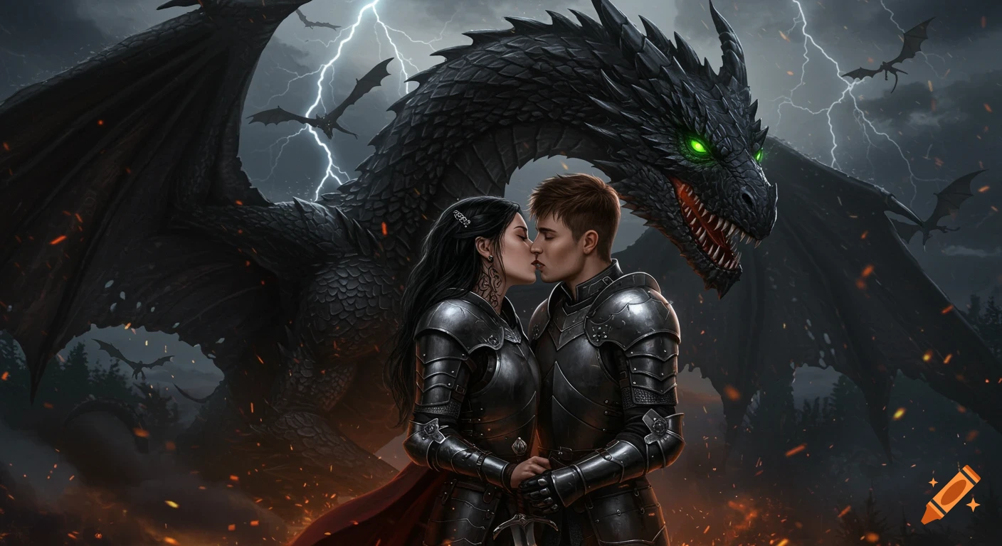 A highly realistic fantasy scene of a couple in armor kissing passionately, with a large black dragon behind them under a stormy, lightning-filled sky.
