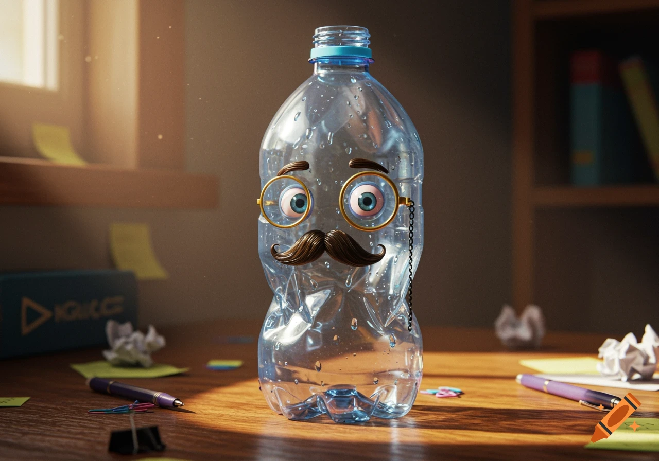 A half-full, crumpled plastic water bottle character with cartoon eyes, a handlebar mustache, and a monocle sits on a wooden desk.