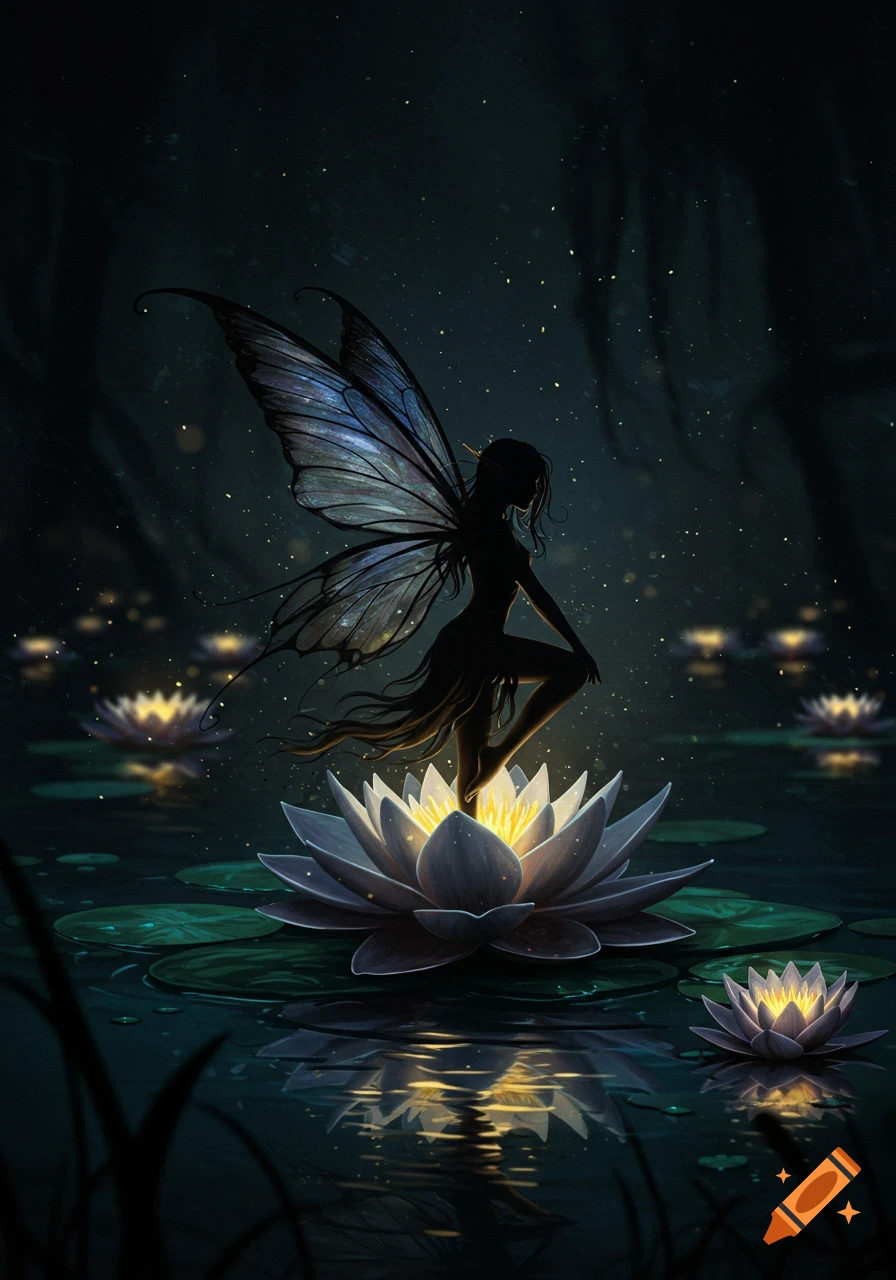 A dark silhouette of a fairy with glowing wings stands on a bright lotus flower in a moonlit pond, surrounded by other glowing lilies.