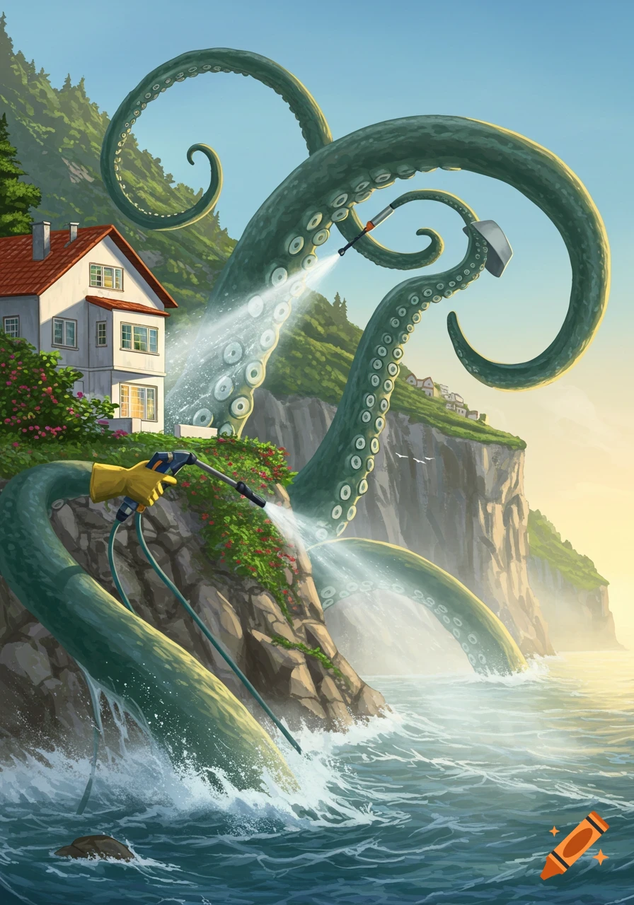 A fantastical illustration of a giant green kraken using multiple tentacles to pressure wash a house and cliffside overlooking the ocean.