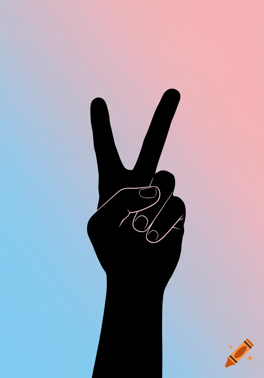 A black silhouette of a hand making a peace sign against a blue and pink gradient background.
