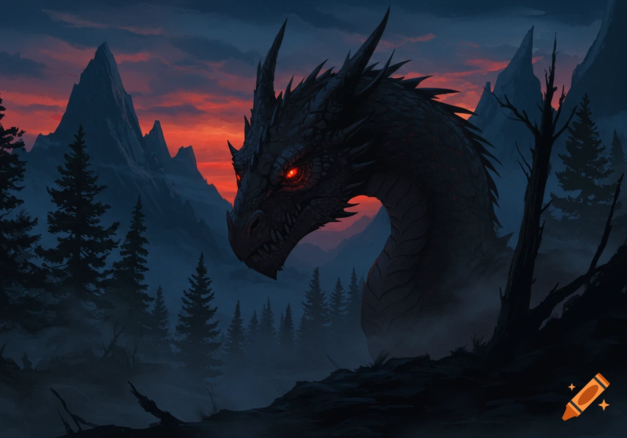A dark dragon with glowing red eyes emerges from a shadowy forest at dusk, with mountains and a red sky in the background.