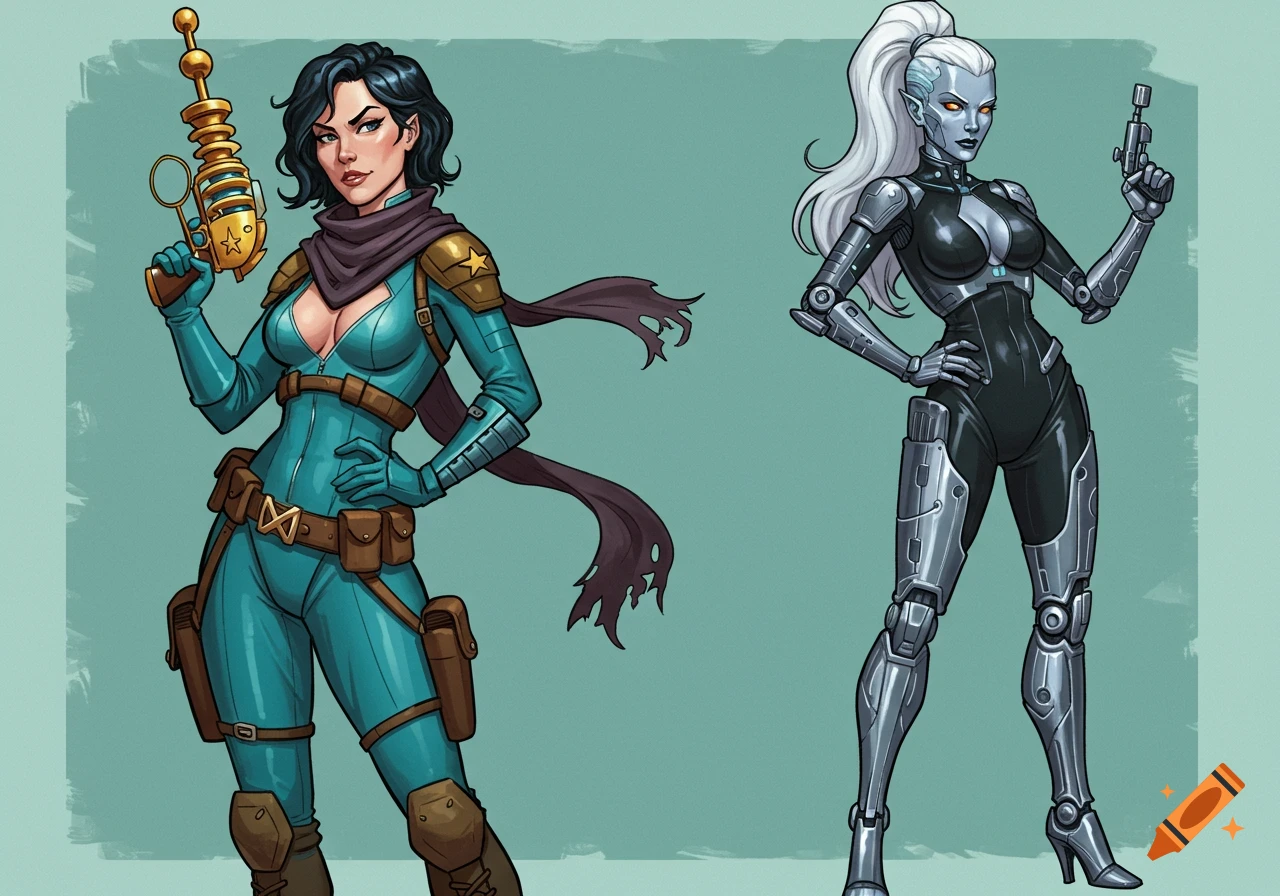 Two stylized female sci-fi characters, one in teal with a raygun and a robot woman in black, stand against a teal background.
