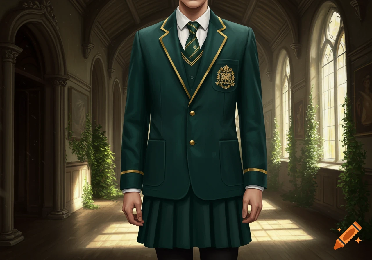 A person wears a dark teal school uniform with gold trim and a pleated skirt in a grand hallway.