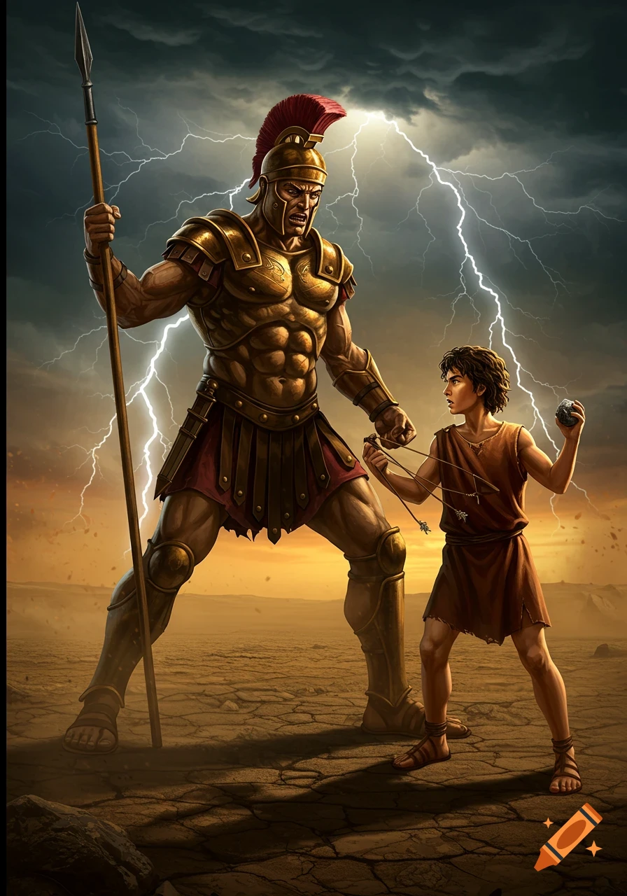A colossal warrior in gold armor confronts a small youth with a slingshot in a stormy, lightning-filled desert.