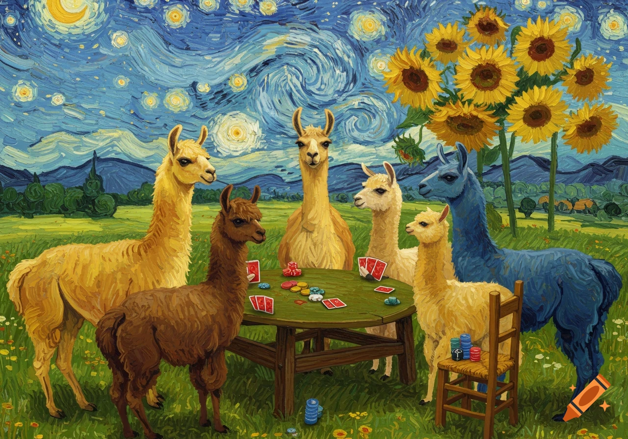 Painting of llamas playing poker at a table in a meadow under a starry night sky with sunflowers, in the style of Van Gogh.