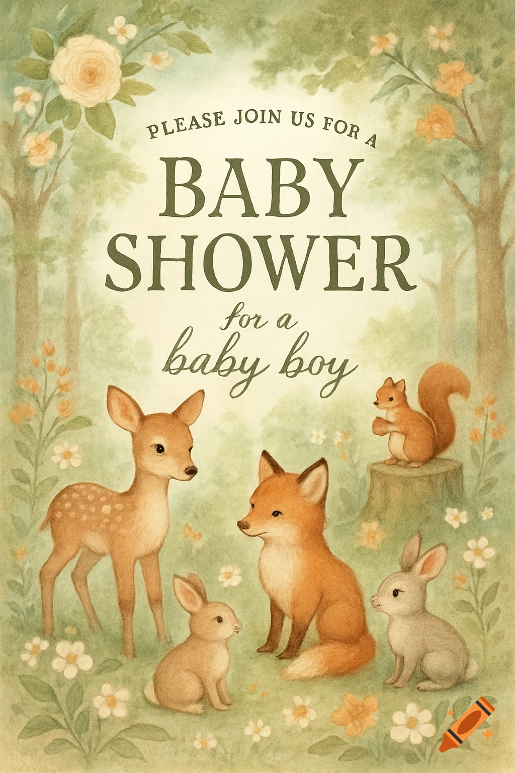 Watercolor baby shower invitation with baby deer, fox, bunnies, squirrel in a forest. Text: "PLEASE JOIN US FOR A BABY SHOWER for a baby boy".