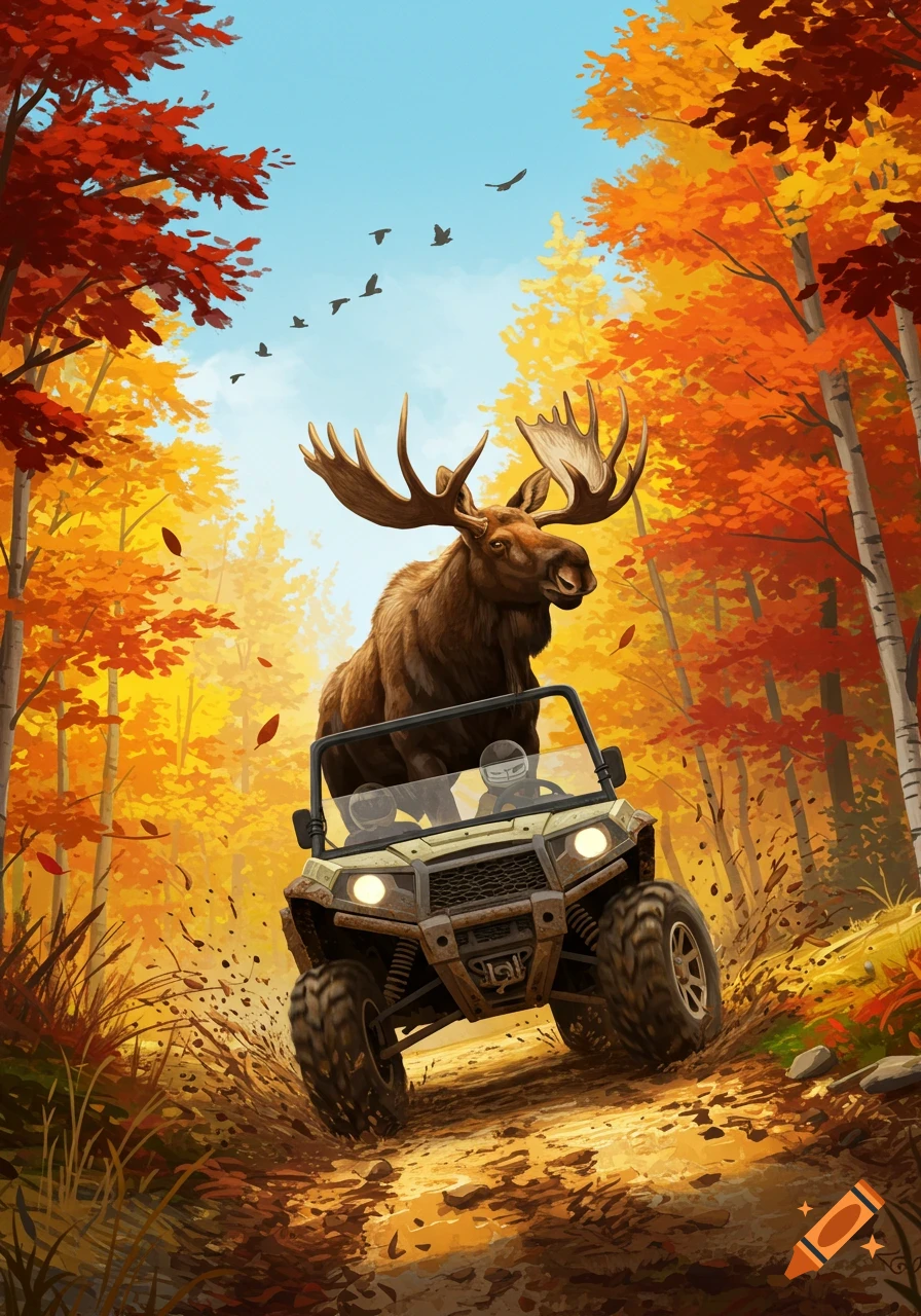 An illustrated moose drives a UTV down a dirt path through a vibrant autumn forest.
