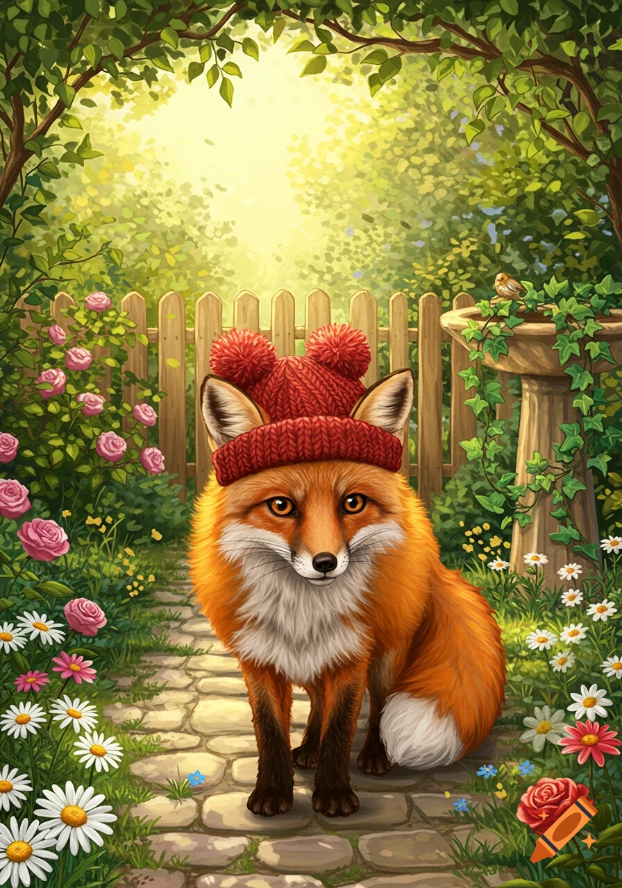 An illustrated red fox wearing a red knitted hat stands on a stone path in a sunny, whimsical garden with pink roses and white daisies.