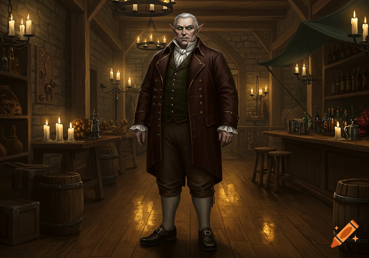 A stern-looking fantasy nobleman with white hair, pointed ears, and green eyes stands in a dimly lit medieval tavern.