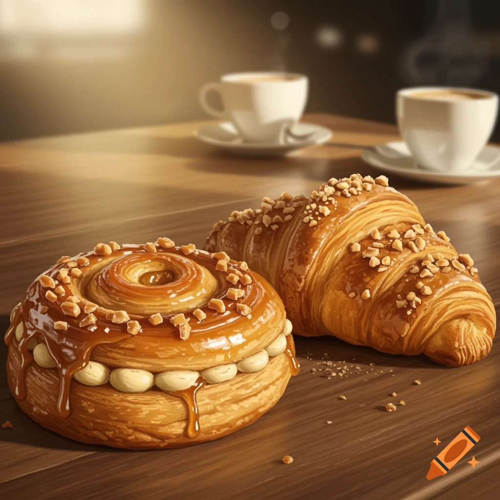 A photorealistic image of a toffee yum yum and a hazelnut croissant on a wooden table, with two coffee cups in the background.
