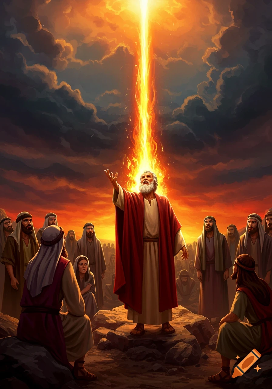 Elijah in red robes raising his hand, from which a fiery pillar ascends to a dramatic sky, surrounded by a crowd.