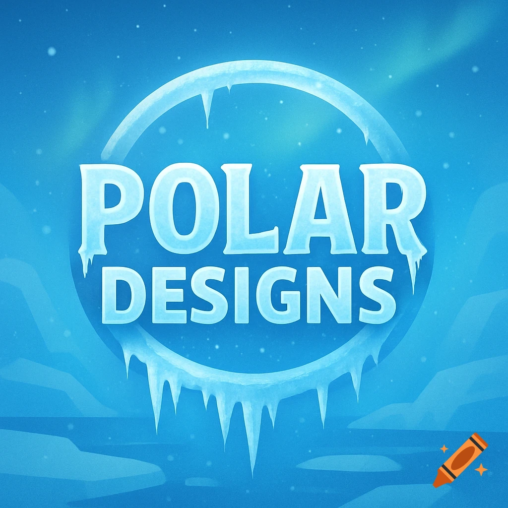 Stylized logo with 'POLAR DESIGNS' in icy white text, surrounded by an ice ring with icicles, against a blue winter landscape.