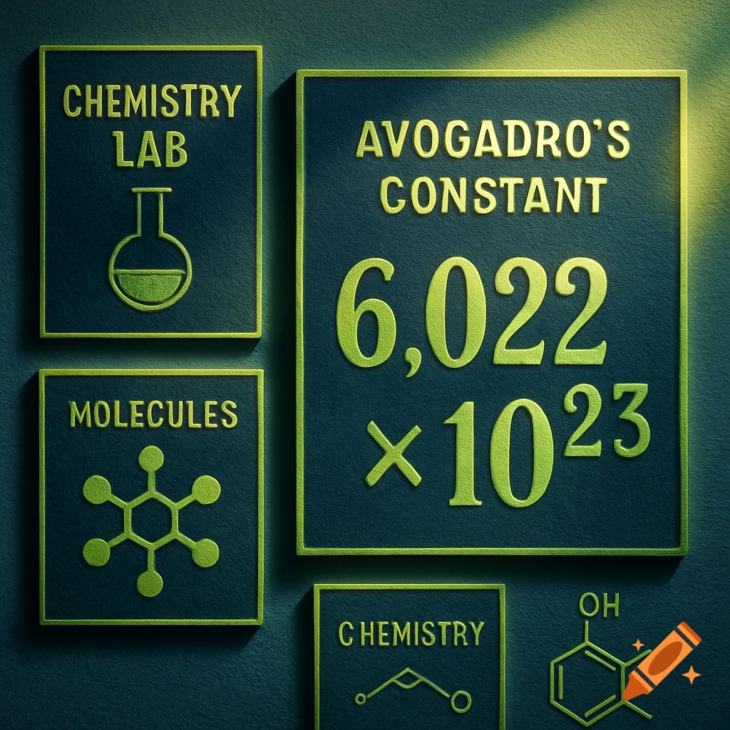 Navy blue plaques with embossed lime green text and symbols related to chemistry, including Avogadro's Constant, a flask, and molecular structures.
