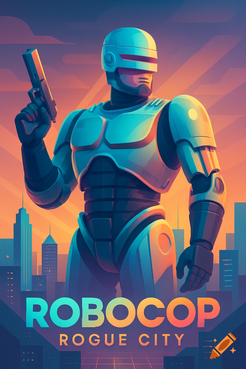 Robocop stands holding a pistol, against a vibrant orange and purple cityscape at dusk, in a stylized poster with 'ROBOCOP ROGUE CITY' text.