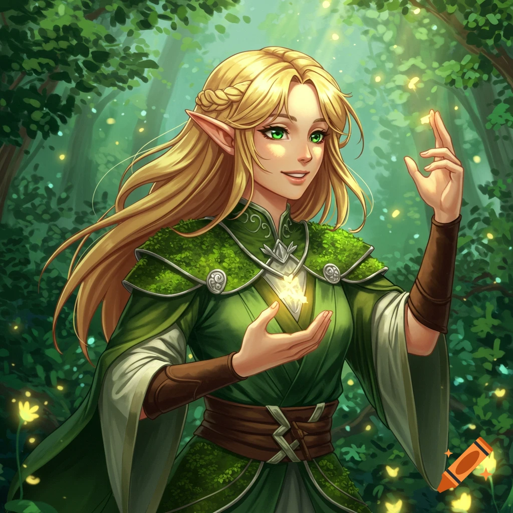 Anime-style blonde elf healer with green eyes in a mossy green outfit holding glowing magic in a forest.