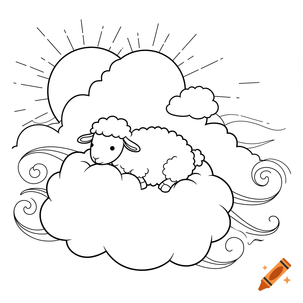 Black and white line art of a fluffy sheep on a cloud with the sun in the background, for a coloring book.
