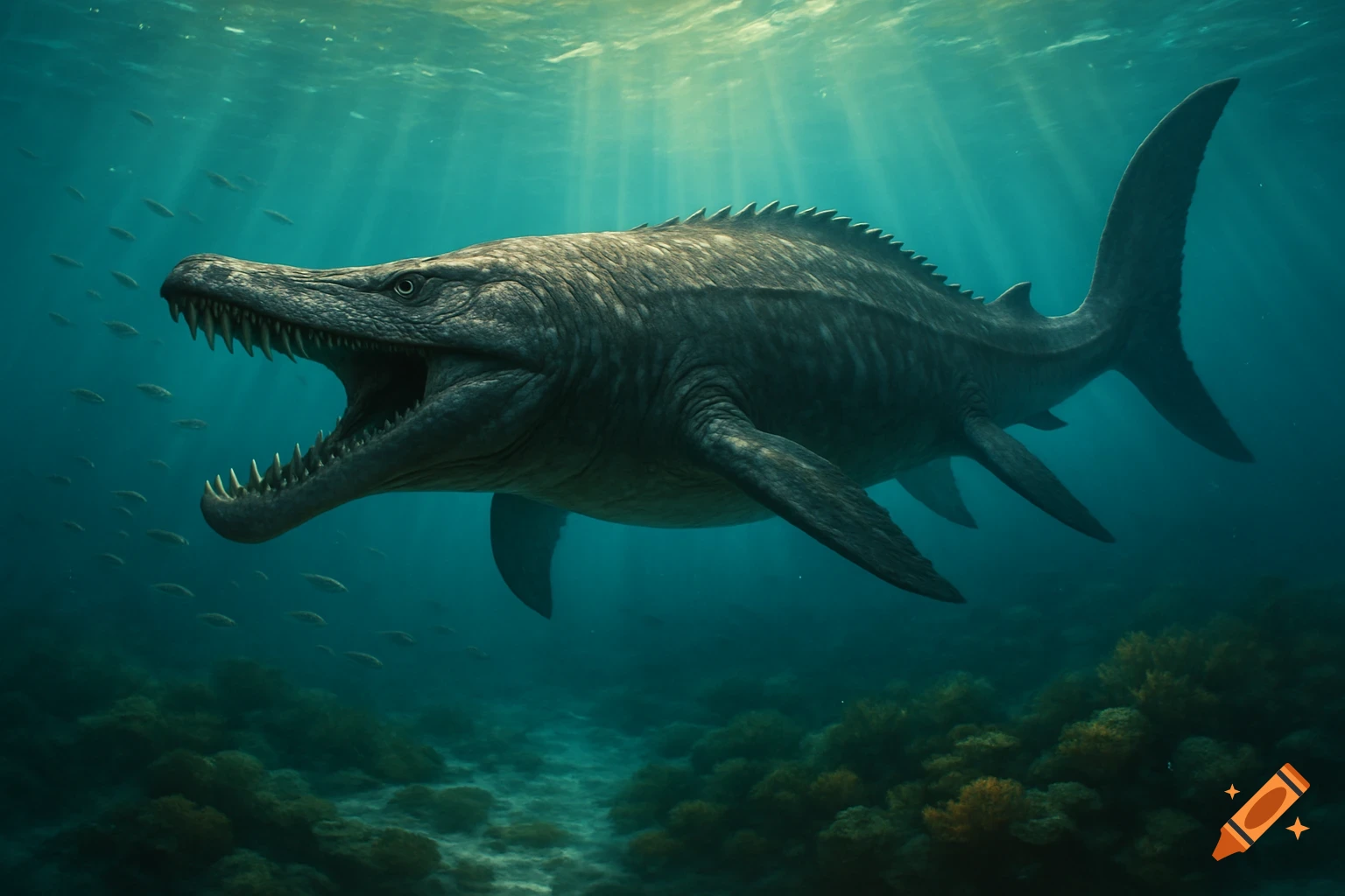 A large, grey prehistoric marine reptile with sharp teeth swims underwater as sunbeams pierce the surface.