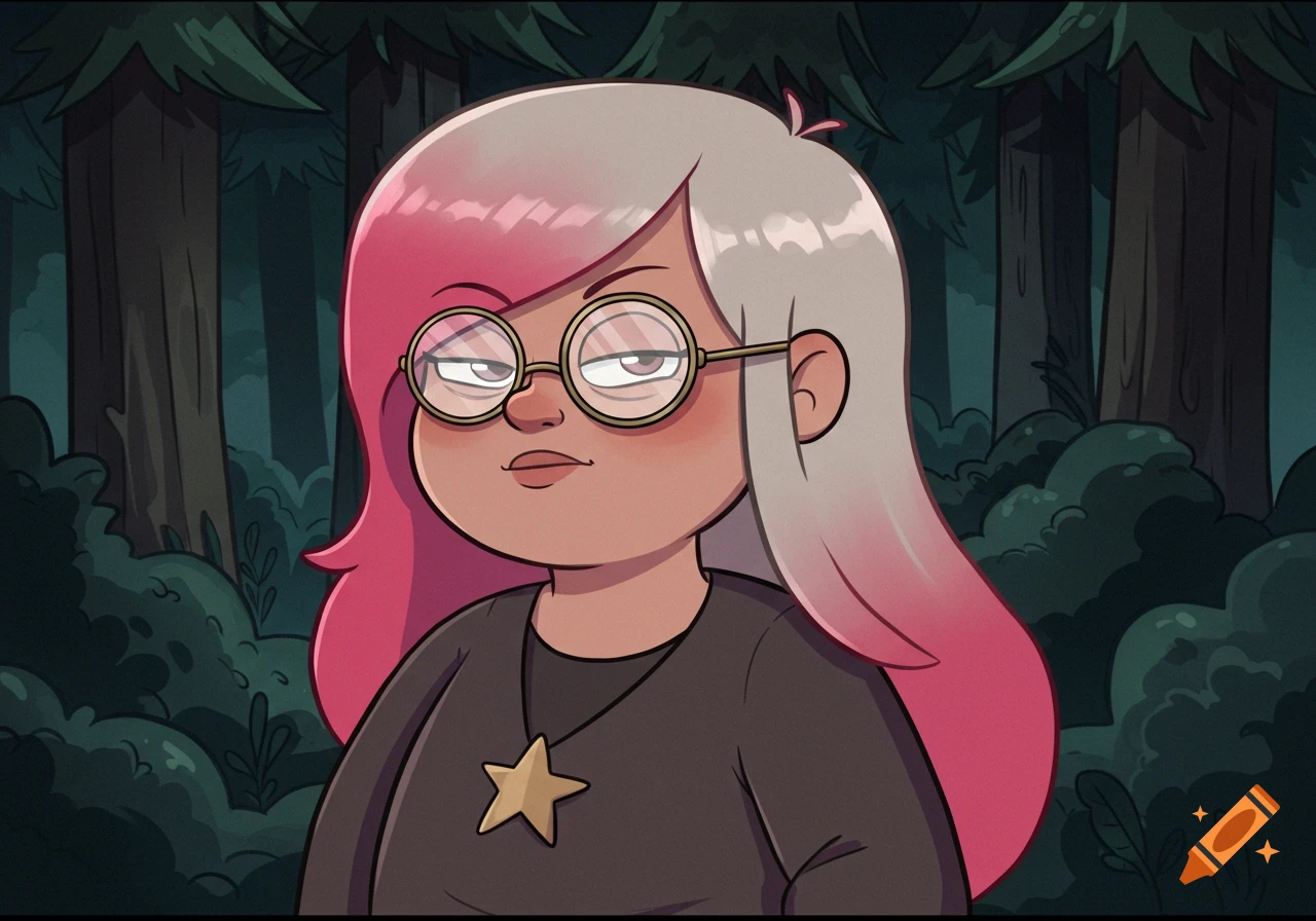 A cartoon character in Gravity Falls style, a chubby woman with pink and grey ombre hair, glasses, and a serious expression, in a forest.