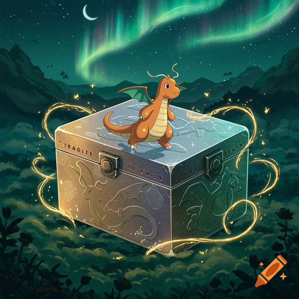 Dragonite stands atop a mystical, stone-like box with etched dragon designs, glowing in a magical forest under a crescent moon and aurora borealis.
