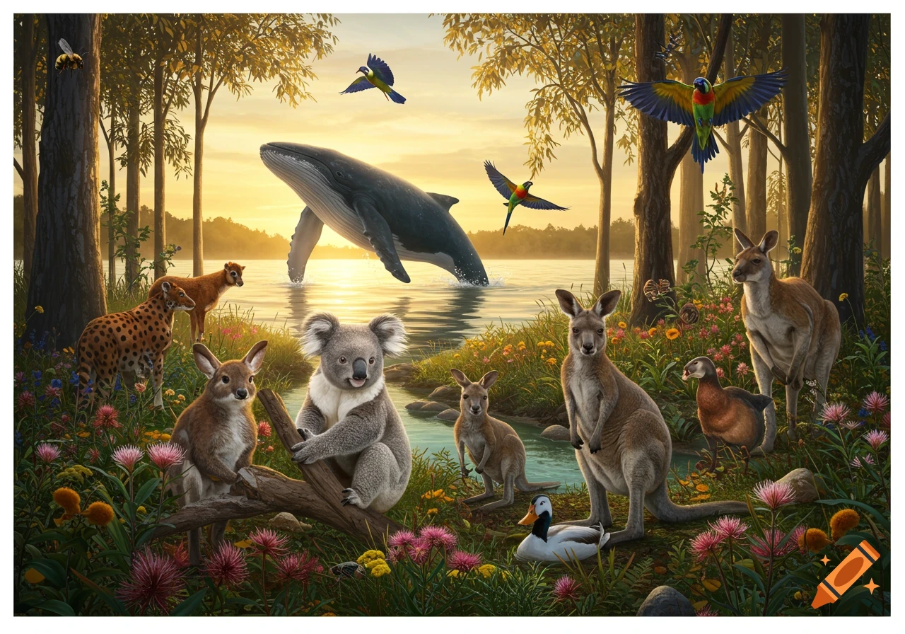 A vibrant, fantasy-like scene with a koala, kangaroos, parrots, ducks, a bee, and a breaching whale in a lush forest with a sunset backdrop.