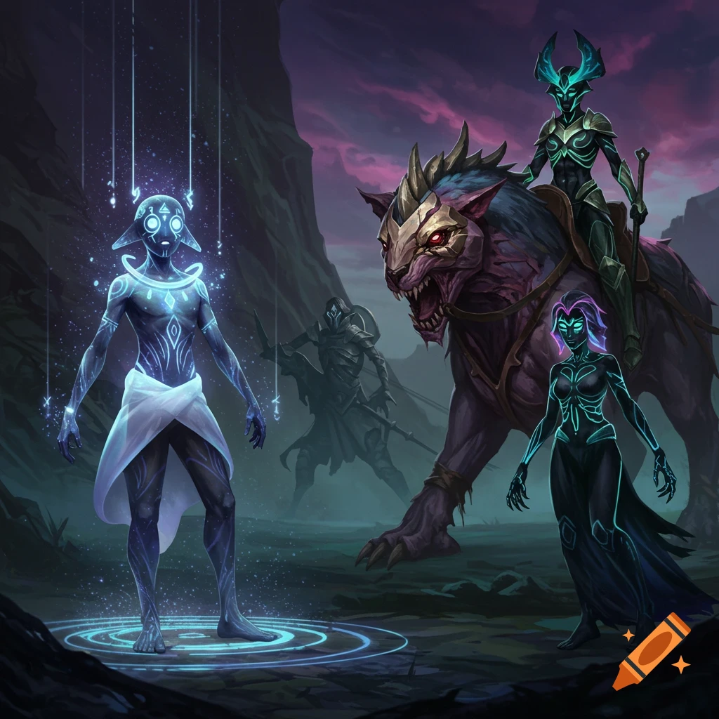 A fantasy image featuring four figures and a large monster in a dark, atmospheric landscape. One character glows with blue light and tribal markings, another is armored and rides a fierce purple beast, a dark hooded figure stands in the background, and a glowing woman with dark skin stands on the right.