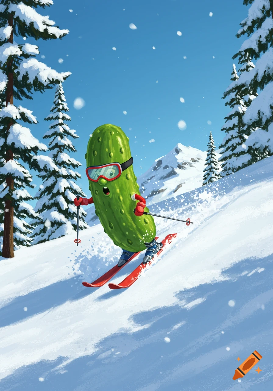 A cartoon dill pickle with ski goggles skis down a snowy mountain slope amidst pine trees under a blue sky with falling snow.