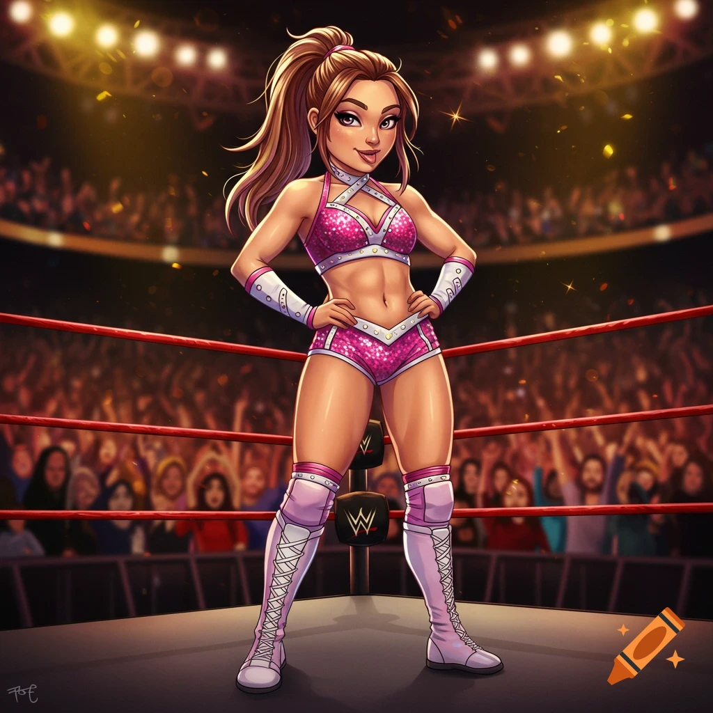 A cartoon woman wrestler in a pink and white outfit stands confidently in a brightly lit wrestling ring, with a cheering crowd.