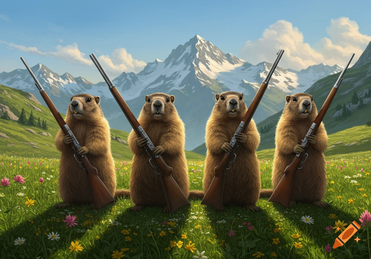 Four furry brown marmots stand upright in a field of green grass and colorful flowers, each holding a hunting rifle. Snow-capped mountains rise in the background under a blue sky.