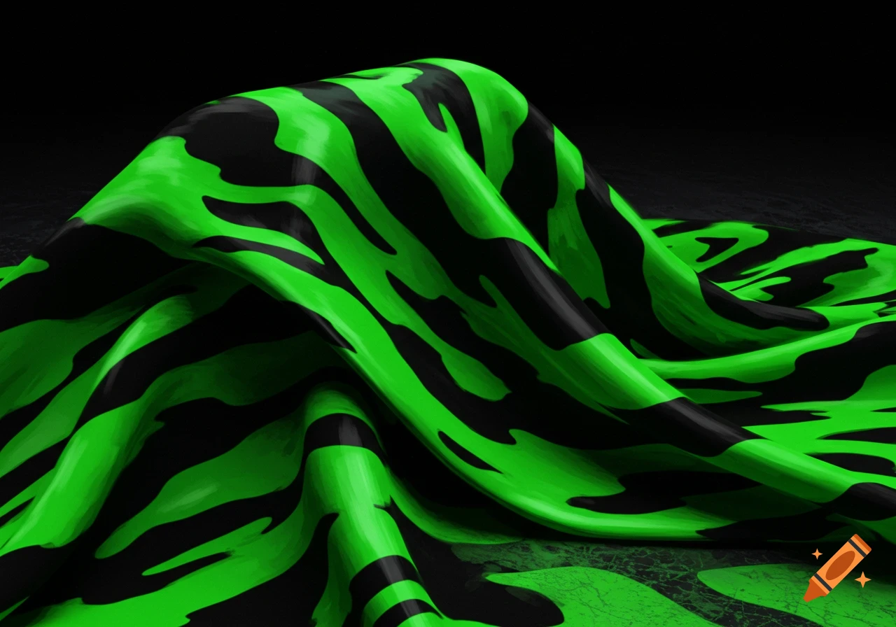 Draped fabric in bright green and black camouflage pattern on a dark background.