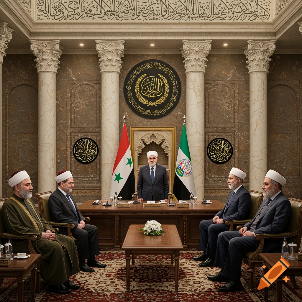 Photorealistic image of a formal Syrian government meeting in a grand, marble-walled room with ornate calligraphy.