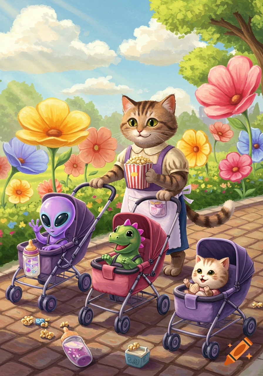 A cartoon cat babysitter pushes strollers with an alien, a dinosaur, and a kitten through a whimsical flower park.