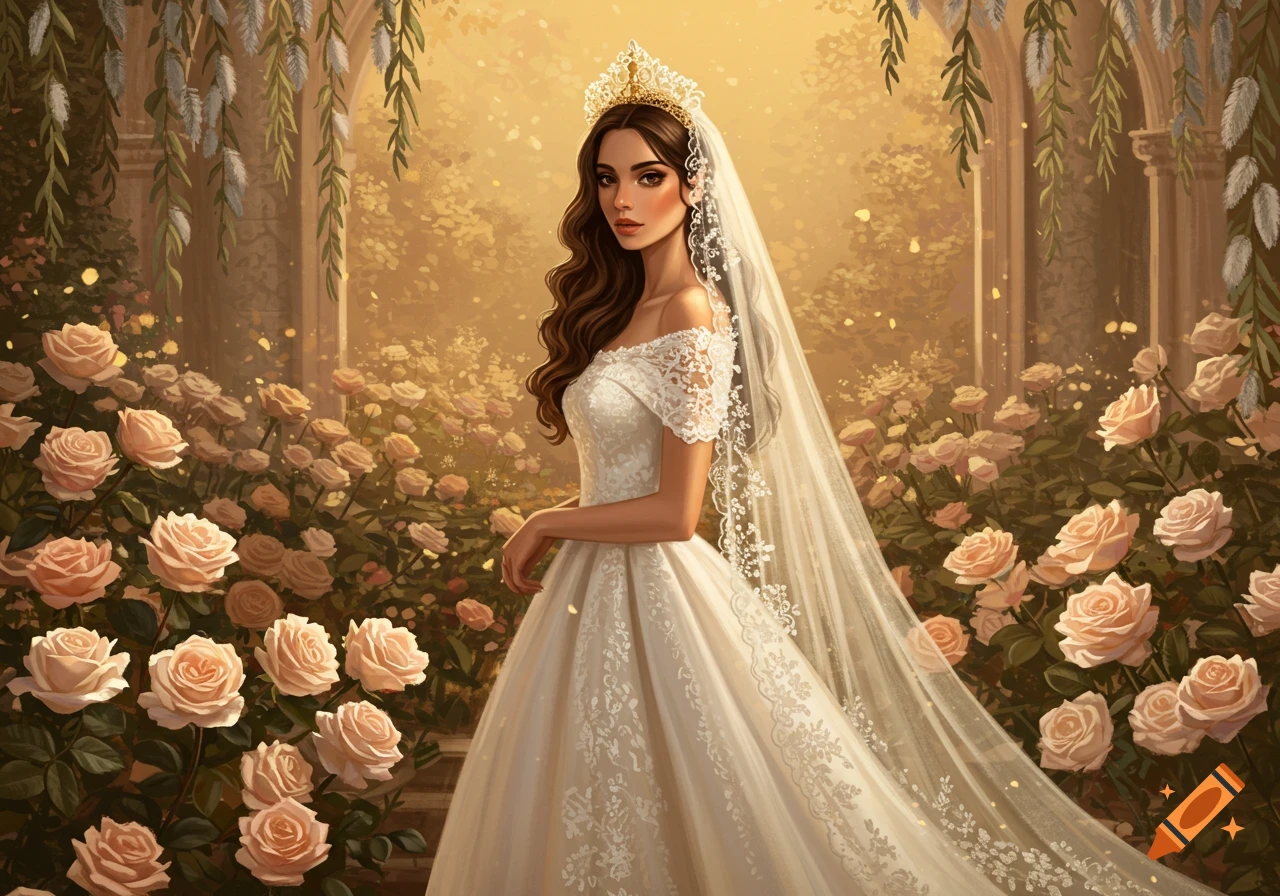 Illustrative painting of a beautiful bride with long brown hair, wearing a white lace gown, crown, and veil, standing in a golden rose garden.