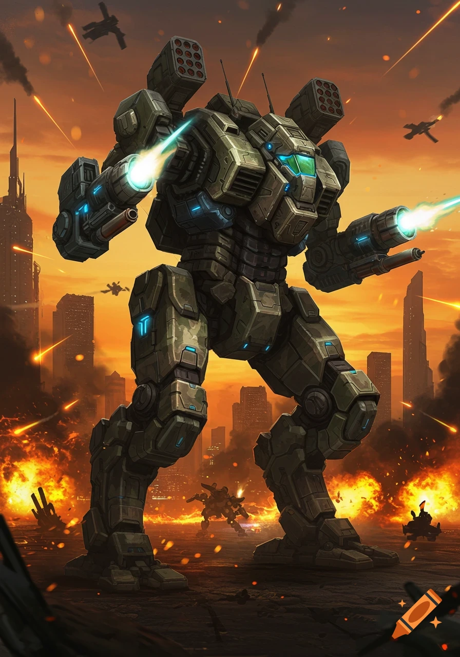 A heavily armored combat mech fires lasers amidst explosions in a futuristic city under attack.