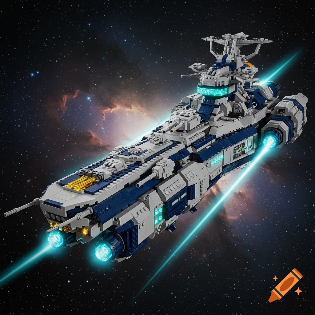 A detailed Lego model of a blue and grey sci-fi battleship with glowing engines and laser beams, flying through space with a nebula in the background.