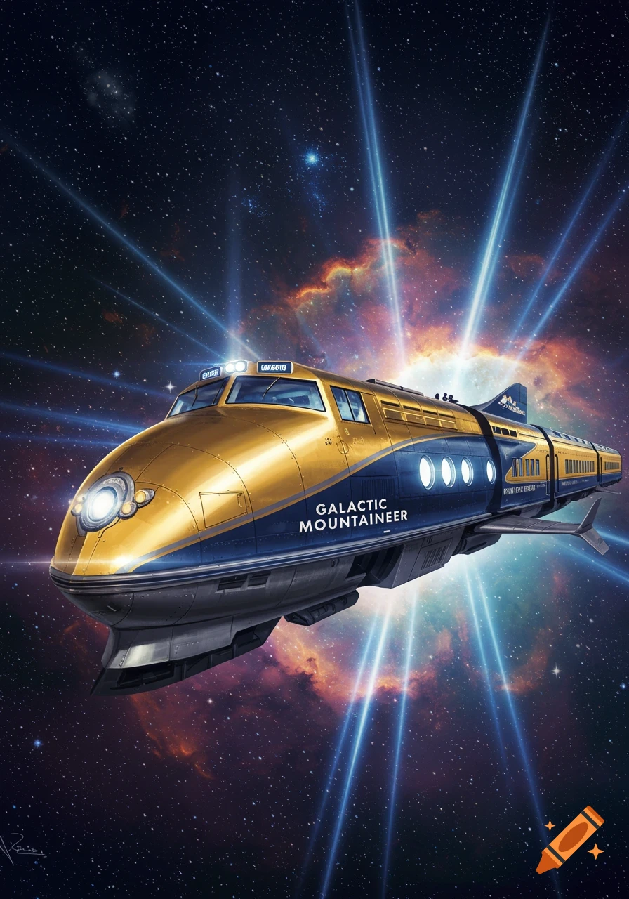 A sleek gold and blue spaceship resembling a bullet train flies through a star-filled galaxy with bright blue light beams.
