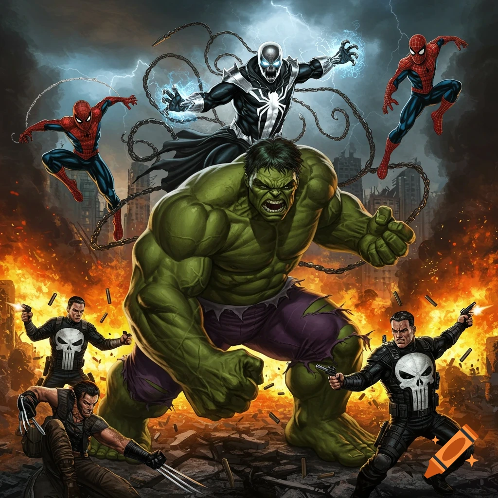 A stylized comic book battle scene featuring Hulk, Spider-Man, Wolverine, and Punisher fighting against a black-suited, chain-wielding villain, amidst explosions.