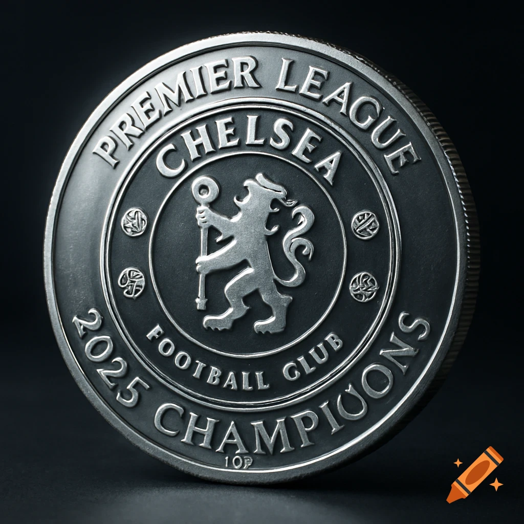 A silver coin featuring the Chelsea Football Club lion logo in the center. The coin is bordered with text that reads "PREMIER LEAGUE" at the top and "2025 CHAMPIONS" at the bottom, with "CHELSEA" and "FOOTBALL CLUB" in the middle.