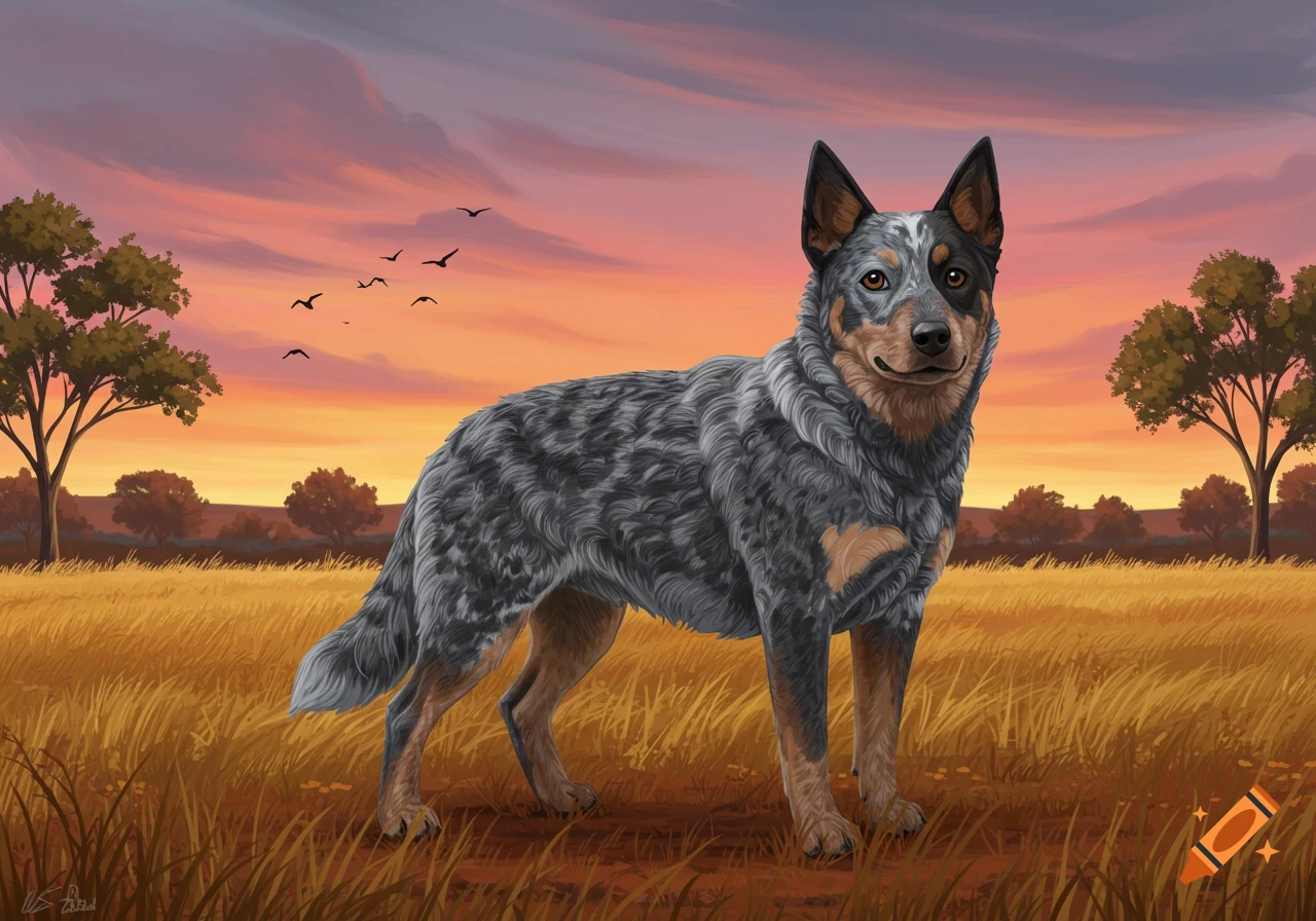 A digital painting of a blue heeler dog standing in a golden field with trees under a sunset sky with birds flying.